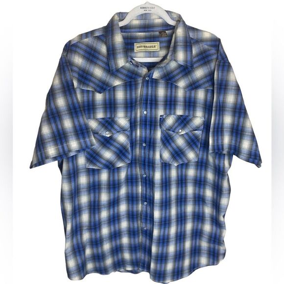 Bit & Bridle Blue Short Sleeve Pearl Snap Plaid Casual Western Shirt Mens Sz 2XL - Picture 1 of 4